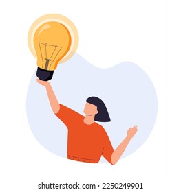 Person with creative business idea. Bright lightbulb as smart solution, insight, discovery and invention concept. Happy inventor with light bulb. Flat vector illustration isolated on white background