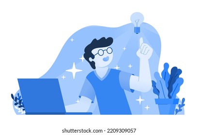 Person mit kreativen Ideen und Inspirationsdenken vor der Laptop-Flachbild-Vektorgrafik
