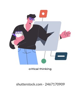 Person with critical thinking tests, explores. Analytical mindset, logical analysis, rational thoughts, skeptical mental process. Type of MBTI. Flat isolated vector illustration on white background
