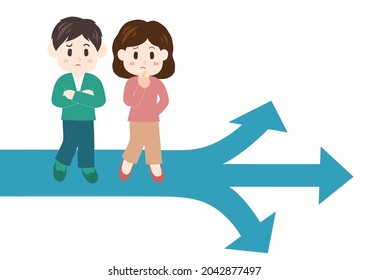 Person at a crossroads of life. Young man and woman. Vector illustration.
