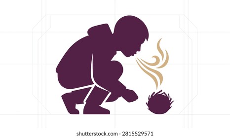 Person crouching over a smoldering object with smoke in flat two-color silhouette vector ideal for fire tending and embers content