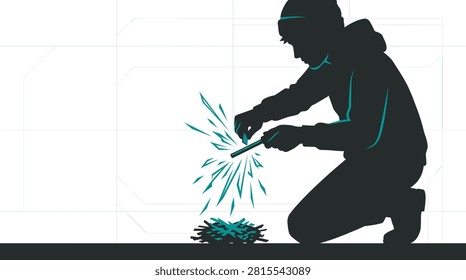 Person crouching striking a spark to start a fire in flat two-color silhouette vector ideal for fire starting skill content