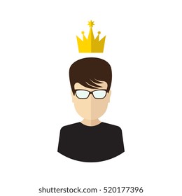 Person with the crown flat icon. Leader in the office work, best worker or employee. Megalomania symbol.