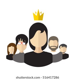Person with the crown and team flat icon. Teamwork with leader concept.