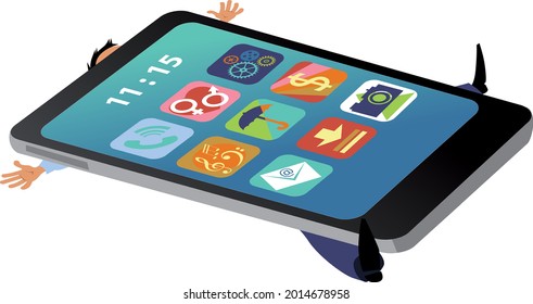 A person crushed under a generic smart-phone, EPS 8 vector illustration