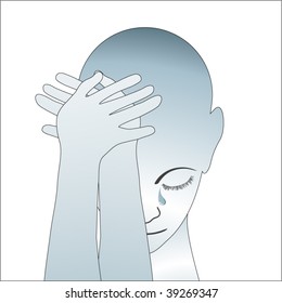 person crying head in hands (stylized) tear on face