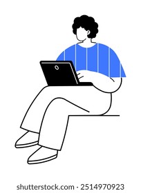 Person with curly hair and blue shirt using a laptop while sitting. Ideal for productivity, work from home, remote work, freelancer, digital workspace themes. Minimalistic outline style.