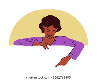 Person with curly hair in a purple shirt pointing downward. Perfect for modern designs, advertising, and digital projects. Vector illustration isolated on white background