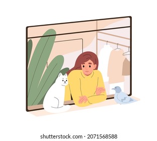 Person and cute cat looking out of open window, staying home. Woman and kitty indoors, dove on windowsill outside apartment. Kitten and pigeon. Flat vector illustration isolated on white background