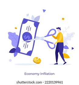 Person cutting dollar bill with scissors and broken coin. Concept of inflation, decline in purchasing power or value reduction of money, economic recession. Modern flat vector illustration for poster.