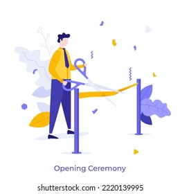 Person cutting ribbon with sissors. Concept of grand opening ceremony, celebratory event or gathering, new beginning or start, business project launch. Modern flat vector illustration for poster.