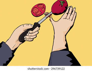 Person cutting thumb and tomato with knife