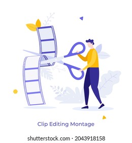 Person cutting videotape with scissors. Concept of film editing, editor's work, filmmaking process, movie making or video post-production. Modern flat colorful vector illustration for banner, poster.