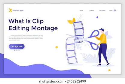 Person schneidet Videoband mit einer Schere. Konzept der Filmbearbeitung, der Editorarbeit, des Filmemachprozesses, der Filmproduktion oder der Postproduktion von Videos. Moderne flache bunte Vektorillustration für Landing Page