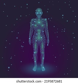 Person in the cyberspace. Low poly female full body among the stars. Digital hologram of a woman. Concept of mental growth, future, web3.0 etc.