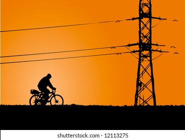 Person is cycling under electric wires in the evening (background, vector)