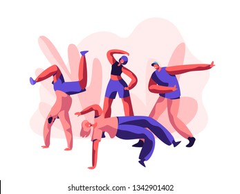 Person Dancing Breakdance Freestyle Party. Youth Teenager People Show Flexible And Acrobatic. Activity Lifestyle, Cool Extreme Sport For Street Dance And Music. Flat Cartoon Vector Illustration