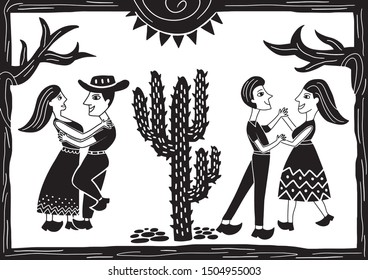 a person dancing in a cactus desert in the hot sun. illustration of cordel style