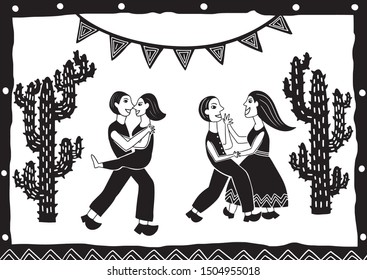 a person dancing in a cactus desert in the hot sun. illustration of cordel style
