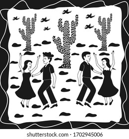 a person dancing in a cactus desert in the hot sun. illustration of cordel style