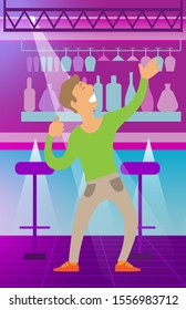 Person dancing in club vector, character with smile on face giving performance. Happy male clubbing and partying, bar with drinks and alcohol bottles