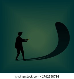 Person in the dark afraid shadow. Facing fear, suppress own ego. Illustration vector