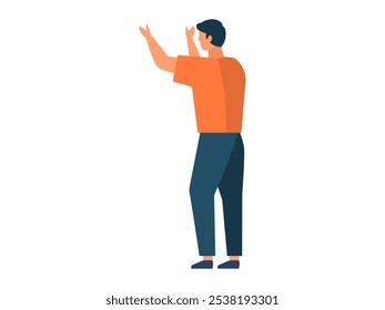 Person with dark hair wearing an orange shirt and blue pants gestures with both hands raised. Ideal for business presentations, communication, body language, human interaction, storytelling