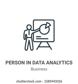 Person in data analytics presentation with a graphic on a screen outline vector icon. Thin line black person in data analytics presentation with a graphic on a screen icon, flat vector simple element 