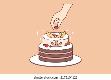 Person decorate cake with fruits. Chef preparing homemade delicious pie. Dessert and confectionary. Flat vector illustration. 