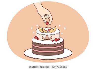 Person decorate cake with fruits. Chef preparing homemade delicious pie. Dessert and confectionary. Flat vector illustration.