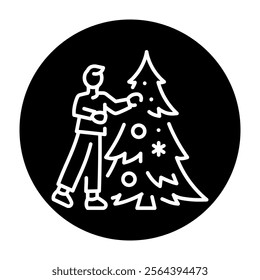 Person decorates a Christmas tree color line icon. Vector illustration.Editable stroke.