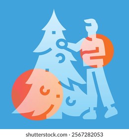 Person decorates a Christmas tree  glassmorphism illustration. Transparency blur elements. Ui layered design. Vector isolated element. 