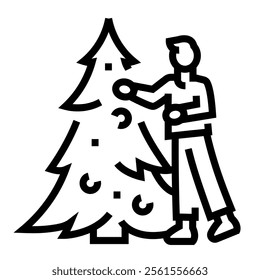 Person decorates a Christmas tree  line black icon. Sign for web page, mobile app, button, logo. Vector isolated button. Editable stroke.