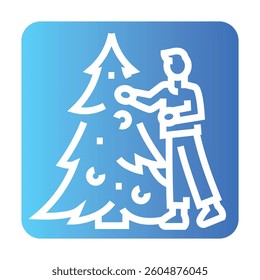 Person decorates a Christmas tree  line black icon. Sign for web page, mobile app, button, logo. Vector isolated button. Editable stroke.