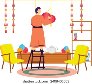 Person Decorating the Roof with Red Round Lantern concept, Ming is standing on ladder vector design, Chinese New Years Eve symbol Year of the Dragon sign China Spring Festival scene stock illustration