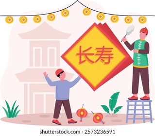 Person Decorating Street with Flag and Bunting concept, standing on ladder ornament vector design, Chinese New Years Beginnings scene, Zodiac Wood Snake 2025 banner, China Spring Festival illustration