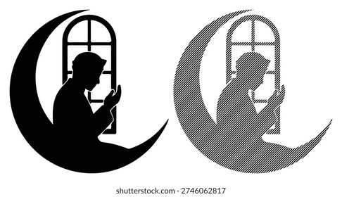 Person in deep prayer by window with moon background, religious spirituality illustration