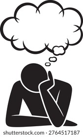 Person deep in thought with thinking bubble and question mark illustration