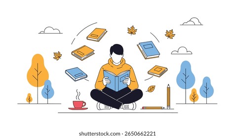 Uma pessoa profundamente envolvida na leitura de um livro sentada ao ar livre cercada por árvores e livros voadores ilustrando a alegria da literatura e da aprendizagem