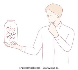 A person deeply pondering over a jar filled with various question marks, beautifully symbolizing curiosity and inquiry