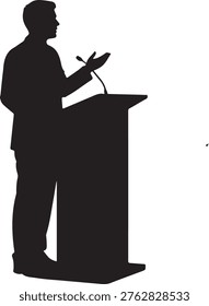 Person delivering a speech at a podium with a microphone in hand silhouette vector icon