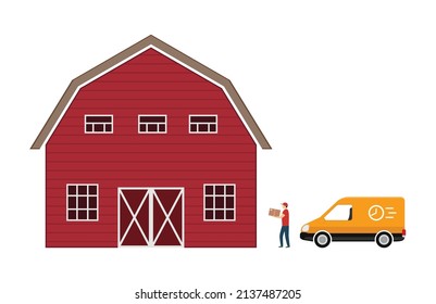 Person delivery with package box at barn house and van car.