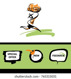 Person delivery. Silhouette running fast man courier holding fruit. Element design corporate identity, logo transportation logistic service company. Template concept image. 