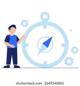 A person demonstrates strategic navigation using a modern compass and gears, symbolizing planning and forward movement.