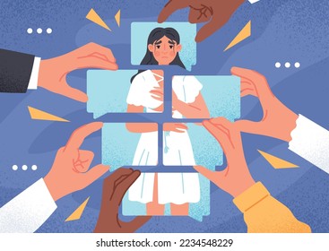 Person dependent on opinion. Hands collect woman from pieces. Negative emotions and sadness, psychology. Character with low self esteem, lack of confidence concept. Cartoon flat vector illustration