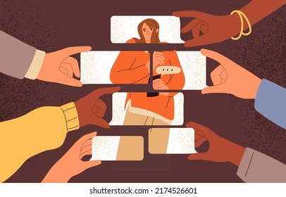 Person Dependent On Opinion, Judge Of People, Negative Comment In Social Media. Woman Depending On Criticism. Online Influence, Assault, Digital Bullying, Psychology Concept. Flat Vector Illustration