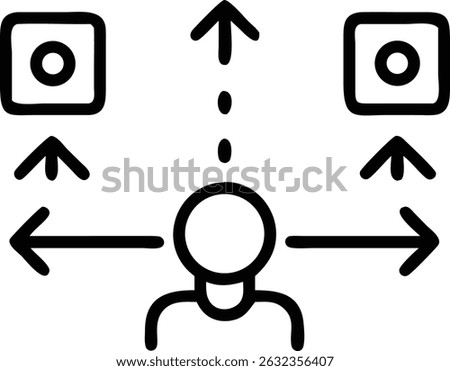A person is depicted with arrows pointing left, right, and up, with squares on either side, suggesting choices and different paths forward in black outline.