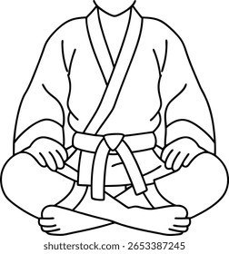 A person is depicted sitting cross legged in a martial arts uniform with a belt tied around the waist. The image is a black and white outline drawing.