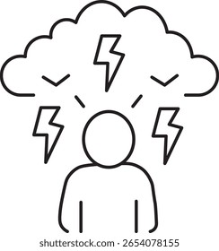 Eine Person wird unter Wolken mit Blitzen dargestellt, die Stress oder Angst symbolisieren. einfache Schwarz-Weiß-Linie Kunst vermittelt Gefühl von mentalem Druck oder emotionalen Turbulenzen