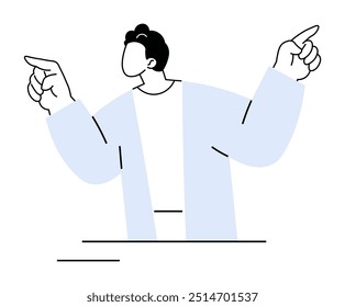 Una persona, representada sin rasgos faciales, con una chaqueta azul claro, hace gestos con ambas manos, apuntando hacia arriba. La ilustración es simple y minimalista con colores negro, blanco y azul claro